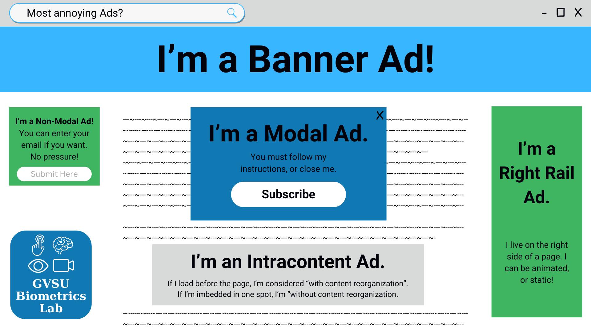 Graphic of web page, showing examples of different types of advertisement placements.